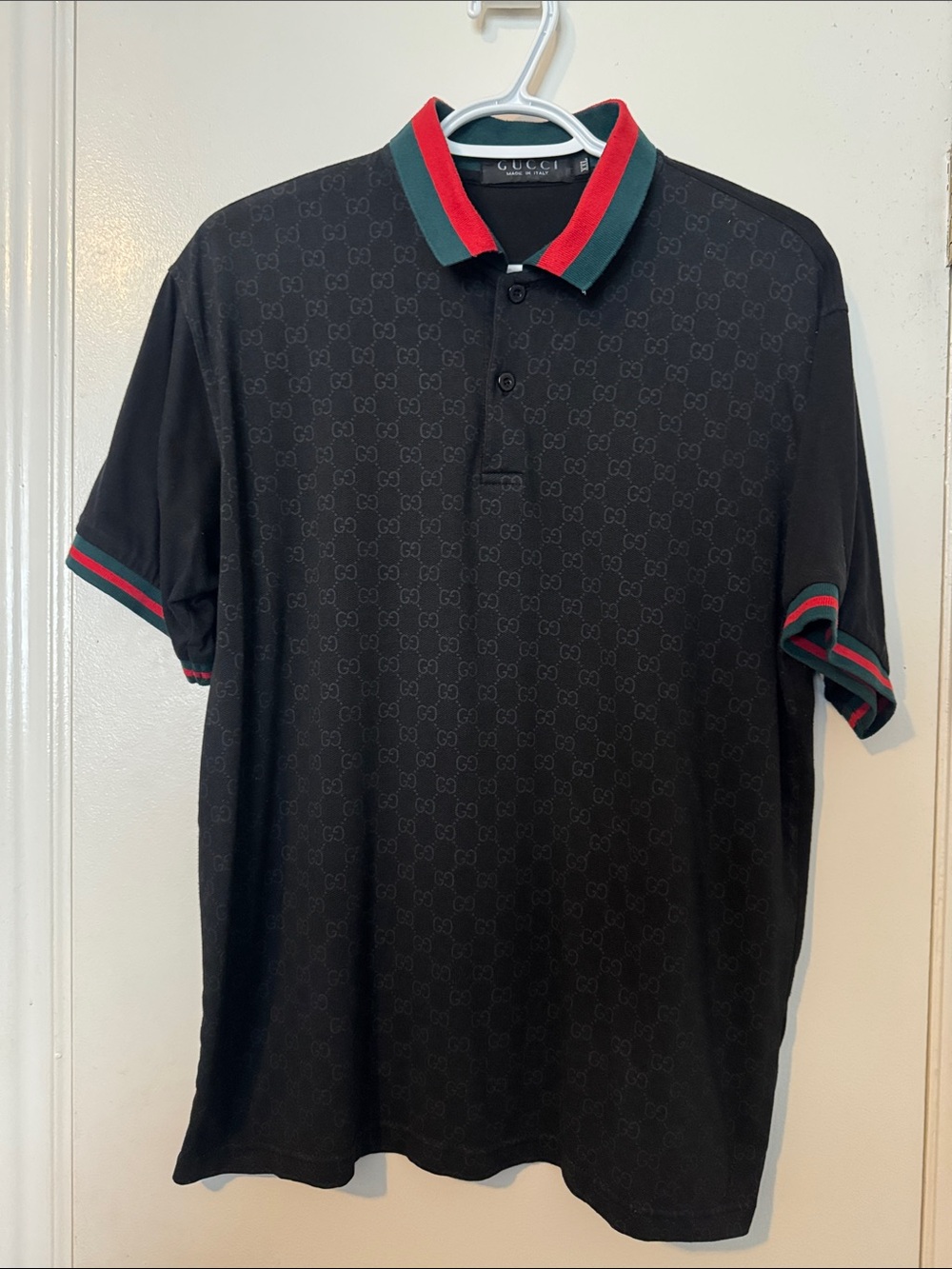 Gucci Black GG Jacquard Polo with Red & Green Stripe Trim